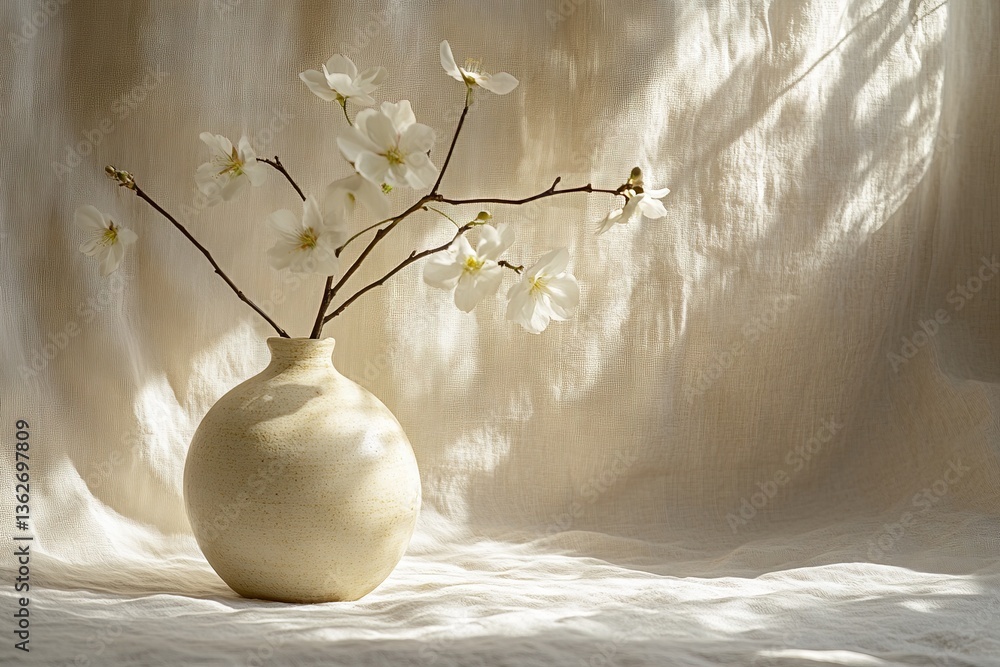 Aufkleber soft sunlight filters through a fabric backdrop illuminating a vase with delicate white flowers and 