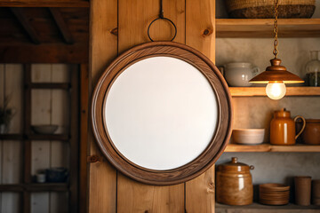 Artistic Circular Frame Mockup Displayed in a Cozy Home Gallery, Showcasing Minimalist Design and Warm Atmosphere