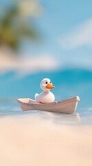 cute white duck journey on sailing boat at blue river, cartoon illustration design