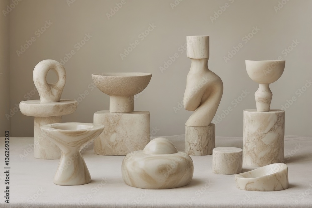 Aufkleber unique modern sculptures arranged artistically on a neutral backdrop highlighting their shapes and t