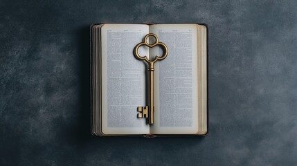 A vintage golden key resting on an open book. The scene suggests unlocking knowledge and the connection between literature and wisdom. Perfect for themes of learning and discovery.