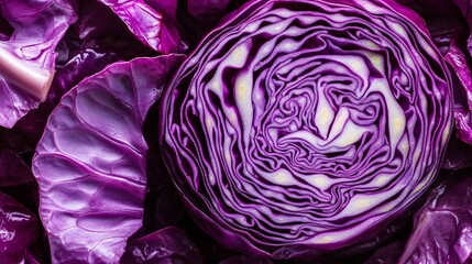 Vibrant Purple Cabbage Sliced in Half, Displaying Intricate Patterns and Textures