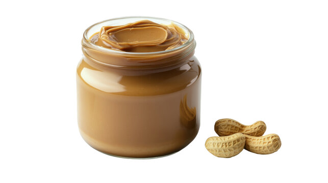 Creamy Peanut Butter and Nuts: A close-up shot of a jar brimming with creamy peanut butter alongside a handful of raw peanuts, offering a delicious and healthy snack option.