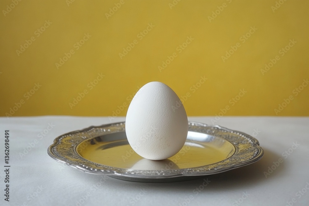 Poster white egg on a silver plate with a vibrant yellow background creating an elegant still life composit