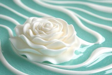 White rose made of cream on mint green background with flowing cream designs