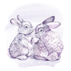 Monochrome pencil sketch of two fluffy rabbits sitting together. Detailed shading and soft textures create a gentle, nostalgic feel. The hand-drawn illustration captures their charm artistic style