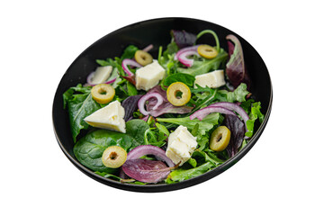 Salad with olives, cheese and green leaves fresh delicious gourmet food background on the table rustic food top view copy space keto and paleo diet vegetarian  food