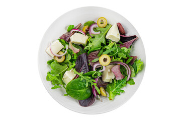 Salad with olives, cheese and green leaves fresh delicious gourmet food background on the table rustic food top view copy space keto and paleo diet vegetarian  food