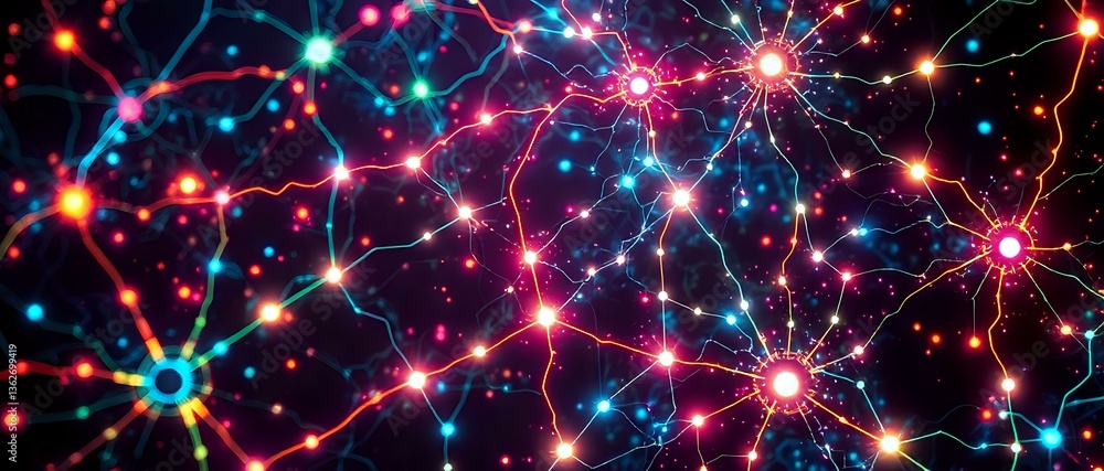 Poster futuristic abstract neural network design with vibrant neon colors
