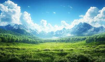 Obraz premium a breathtaking panoramic view of a vibrant green meadow, framed by rolling mountains under a bright blue sky with fluffy clouds