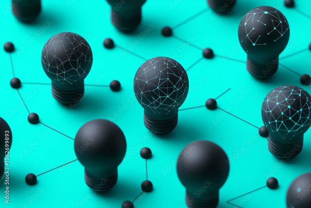 Aufkleber innovative light bulbs connected by a network on a vibrant turquoise background showcasing creativit