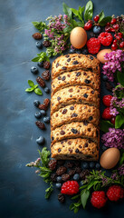 Raisin loaf surrounded by eggs, berries and greens on a textured surface