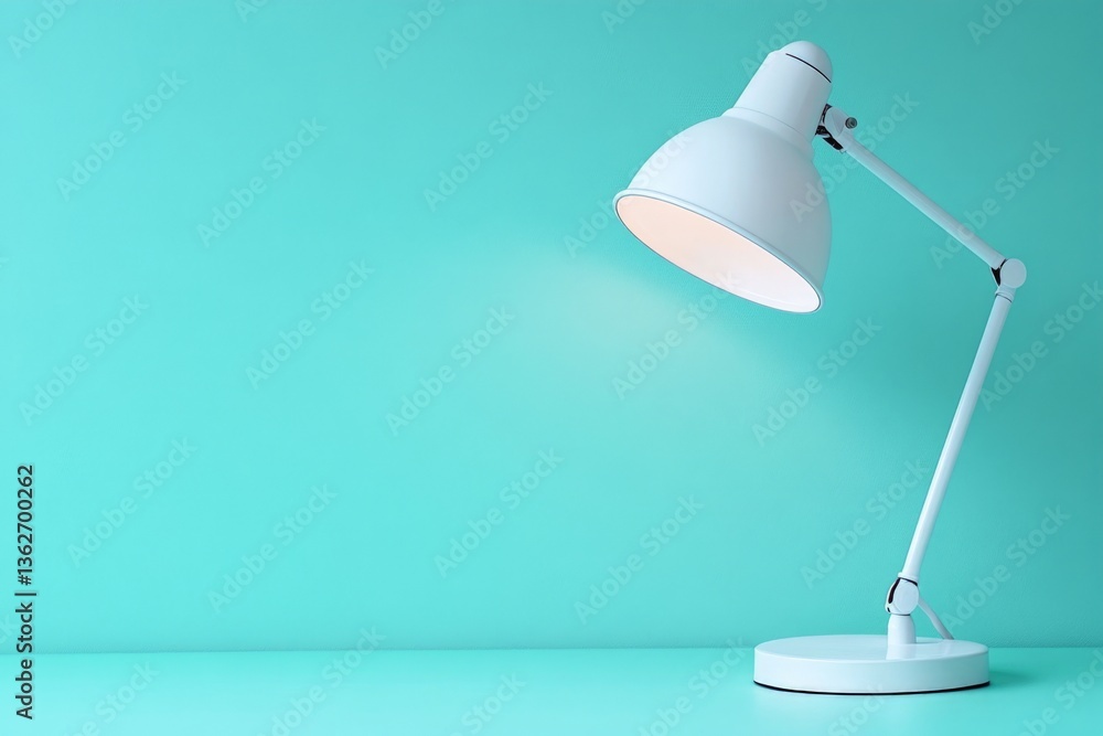 Poster modern desk lamp casting warm light on a vibrant turquoise background in a minimalistic workspace