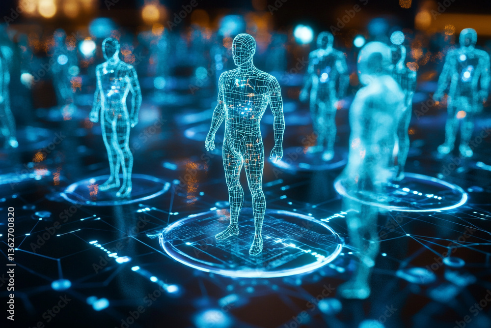 Aufkleber holographic figures standing on glowing platforms connected by digital network lines in a dark setti
