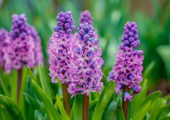 Fototapeta premium Blooming spring hyacinths flowers, background of garden and green foliage