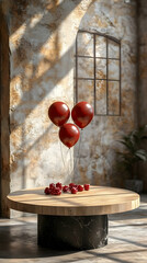 Red balloons float above fruit on a table in a warmly lit rustic room