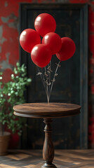 Red balloons float above wooden table near a dark door Plant on the side