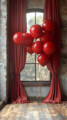 Red balloons float against rustic window, red curtains, and wood floor
