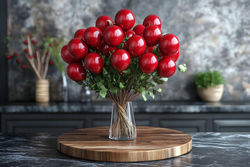 Red berries in glass vase adorn kitchen countertop