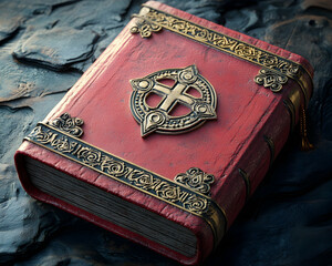 Red book with golden cross and designs on dark surface