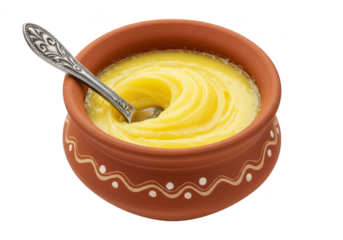 Smooth golden butter ghee in a traditional earthen clay pot isolated on transparent background