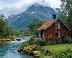 Red cabin next to a turquoise river and a mountain covered with clouds