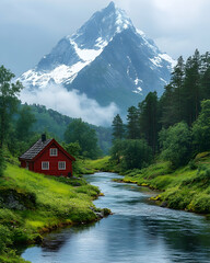 Red cabin beside river in green valley below snowy peak, misty