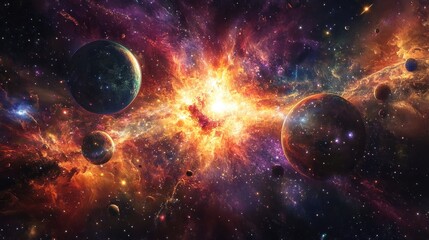 A cosmic explosion of colors featuring multiple planets, distant galaxies, and radiant energy.