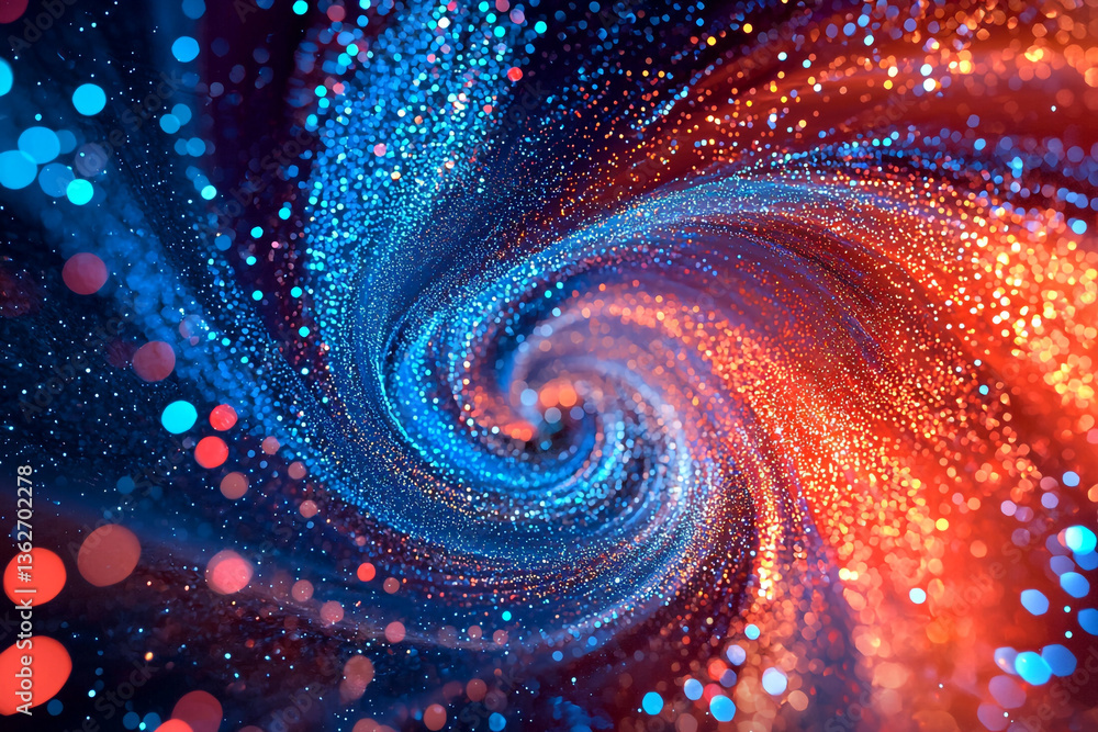Poster abstract swirling vortex of blue and red glittering particles creating a dynamic and colorful design