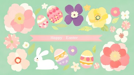 Easter festive design with white bunny, colorful decorated eggs, and blooming flowers in pink, yellow, purple on light green background. “Happy Easter” text for holiday greeting.