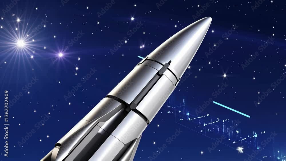 Poster a futuristic metallic rocket in space, surrounded by stars and glowing blue holographic elements. th