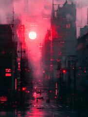 Red cityscape Tall buildings glow with lights under a crimson sky, reflecting on wet roads