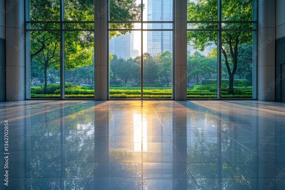 Poster bright morning light streams through large windows into a modern building lobby surrounded by greene