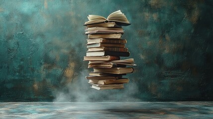 A stack of books or papers appearing to levitate, with a minimalistic background highlighting the surreal effect