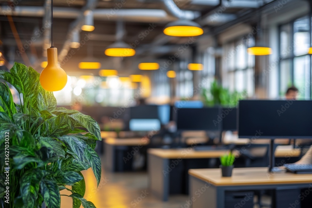 Poster modern office workspace with plants and warm lighting creating a vibrant atmosphere during work hour