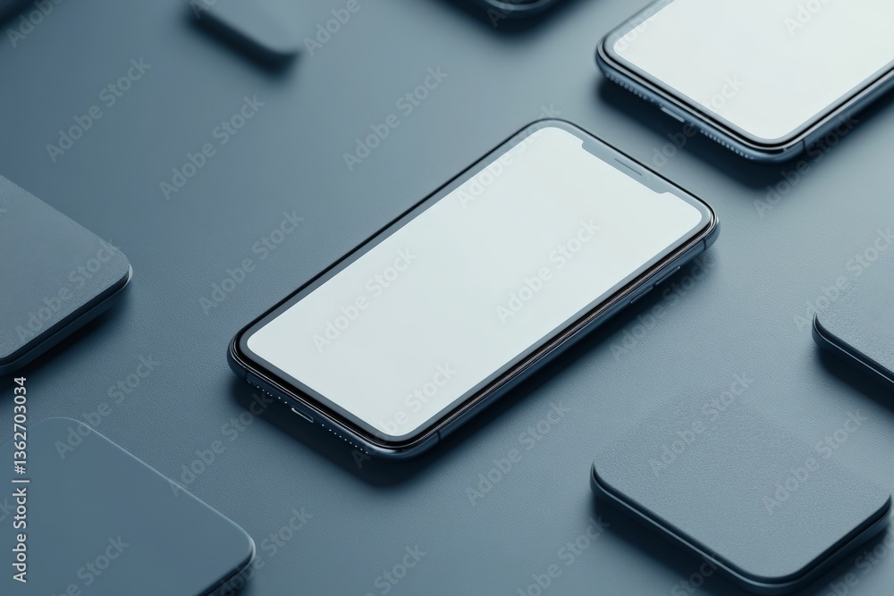 Poster Modern smartphones arranged on a minimalistic surface with blank screens showcasing simple design aesthetics