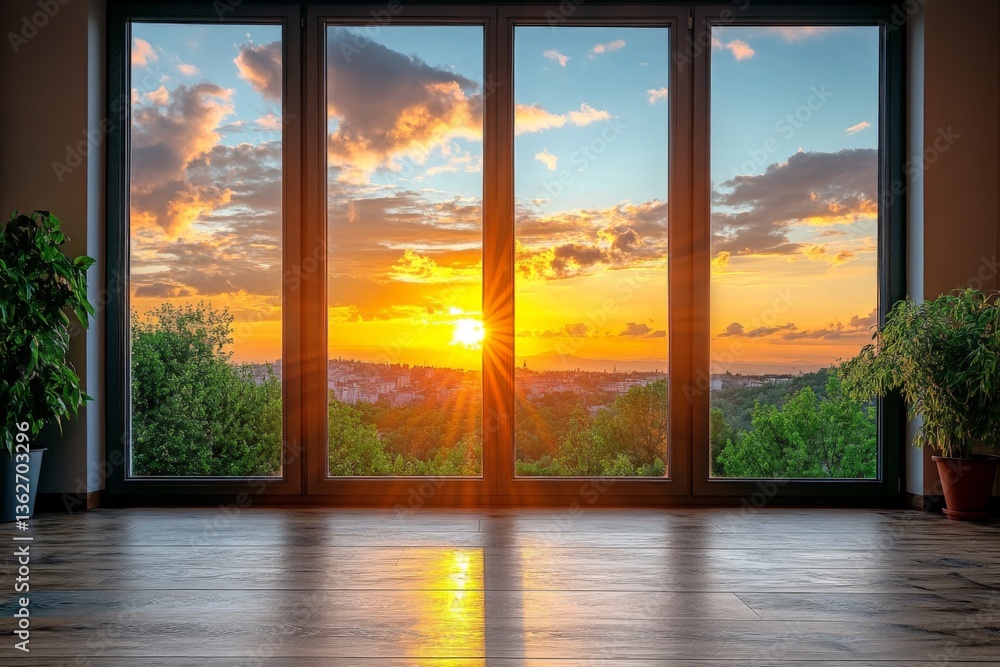 Poster sunset view from large windows with greenery in a modern room during evening hours