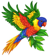 Obraz premium Vibrant Wings: A mesmerizing illustration showcasing a brilliantly colored parrot taking flight against a clean background, with intricate feather details and lush green foliage.