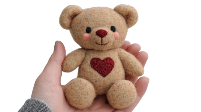 Teddy Bear's Embrace: A hand delicately cradles a charming teddy bear, its stitched heart and rosy cheeks radiating warmth and affection. A symbol of love and comfort.