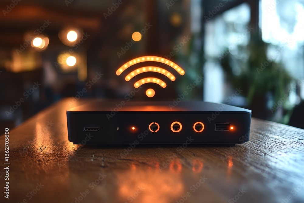 Poster router with illuminated icons on wooden table in a cozy cafe during evening hours