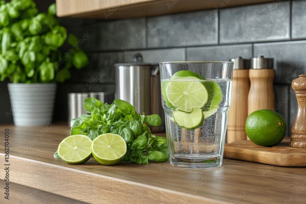 Poster refreshing drink with lime and basil on kitchen counter in modern home