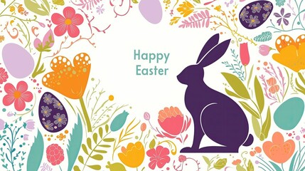 Easter celebratory design with purple bunny silhouette, vibrant multicolored flowers, and decorated eggs. “Happy Easter” text on white background for festive greeting.