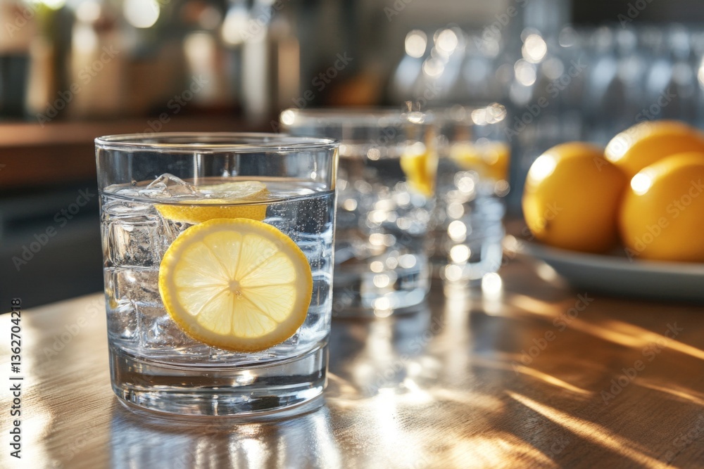 Aufkleber refreshing lemonade in a glass with ice and lemon slices at a bright kitchen setting