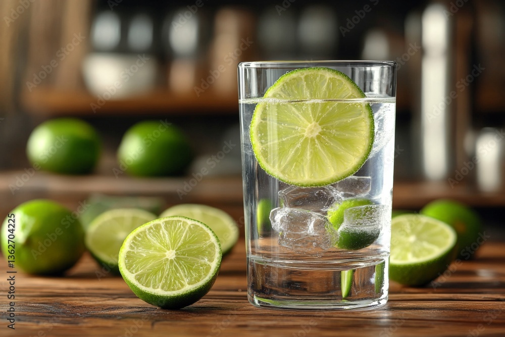 Poster Refreshing drink with ice and lime slices served in a glass on a wooden table with whole limes in the background