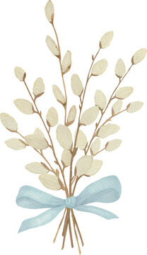 willow, Vector, Watercolor, willow branches, blue ribbon, bow, Easter,  for Printable Cards, invitations, greeting cards vector