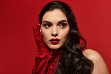 Captivating beauty with red lips and dazzling attire in a vibrant studio setting
