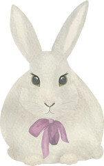 Easter bunny, Vector, Watercolor, baby shower, Easter card, purple bow, cartoon hare, grey bunny, Printable Cards, invitations, greeting cards 