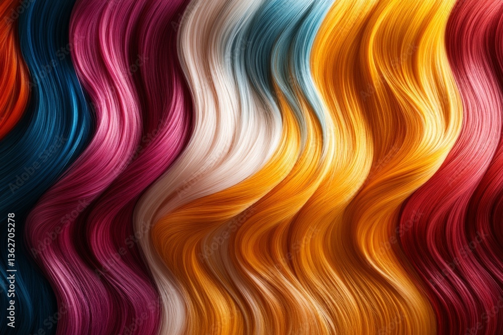Poster vibrant waves of colorful hair extensions displayed in a creative presentation at an art exhibit