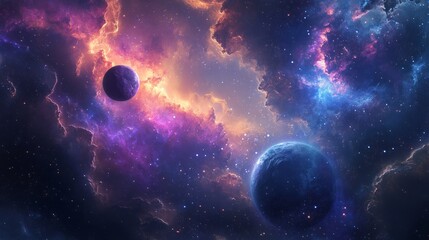 Obraz premium A magical cosmic scenery with deep-space hues, scattered planetary bodies, and swirling galactic clouds.