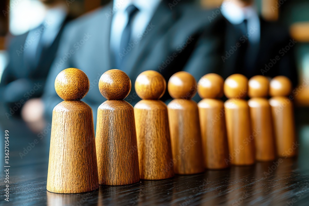 Poster wooden figurines lined up on a table with blurred business people in the background creating a profe
